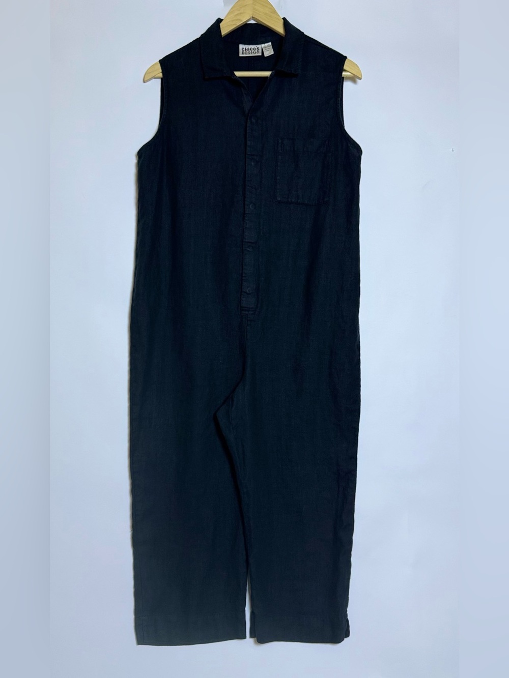 Vintage Chico’s Design 100% Linen Black Sleeveless Jumpsuit Size 1 Medium
